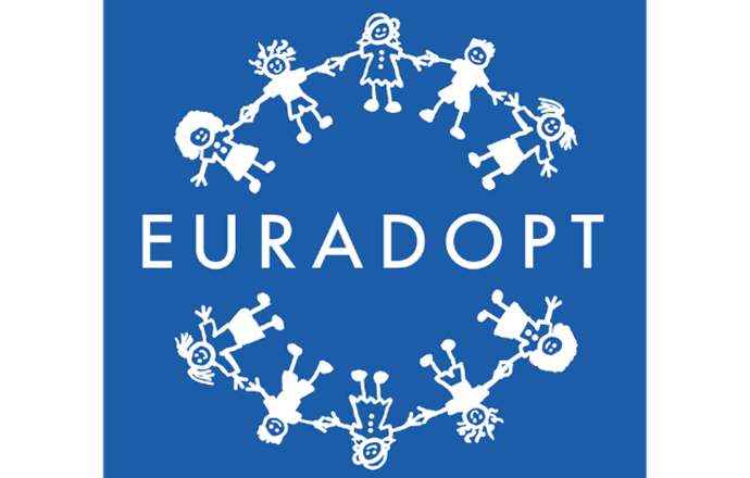 A logo features the text 'EURADOPT' in silver capital letters centered on a blue textured background, surrounded by a ring of smiling silver stick figures holding hands.