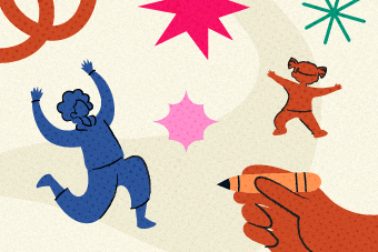 An illustration - a child, an adult, a star, a hand holding a crayon