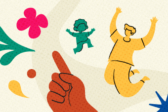 An illustration - a child, an adult, shapes, a hand