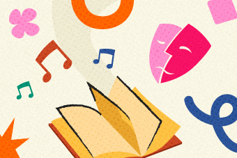 An open book, music notes, masks