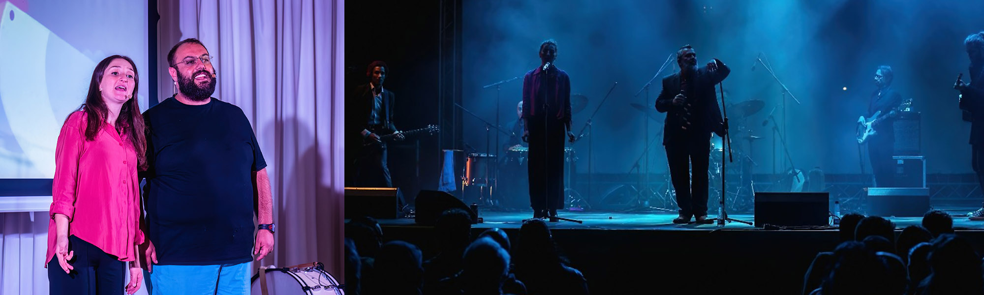 Two persons during a performance and a performance with a number of people on stage and in the audience
